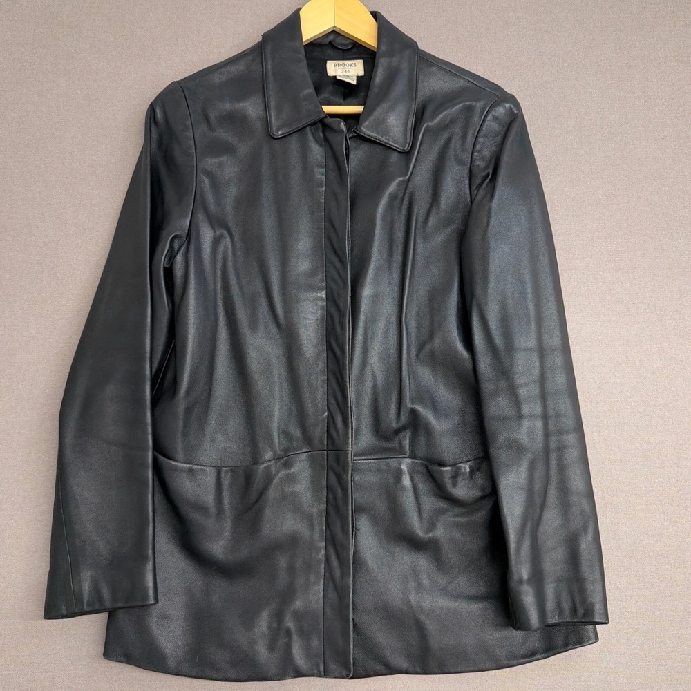 Brooks Brothers 346 Womens Black Genuine Leather Jacket Coat Size Small Hidden